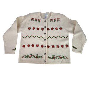 Vintage Susan Bristol Womens Christmas Cardigan Sweater Size PM Cream Poinsettia
